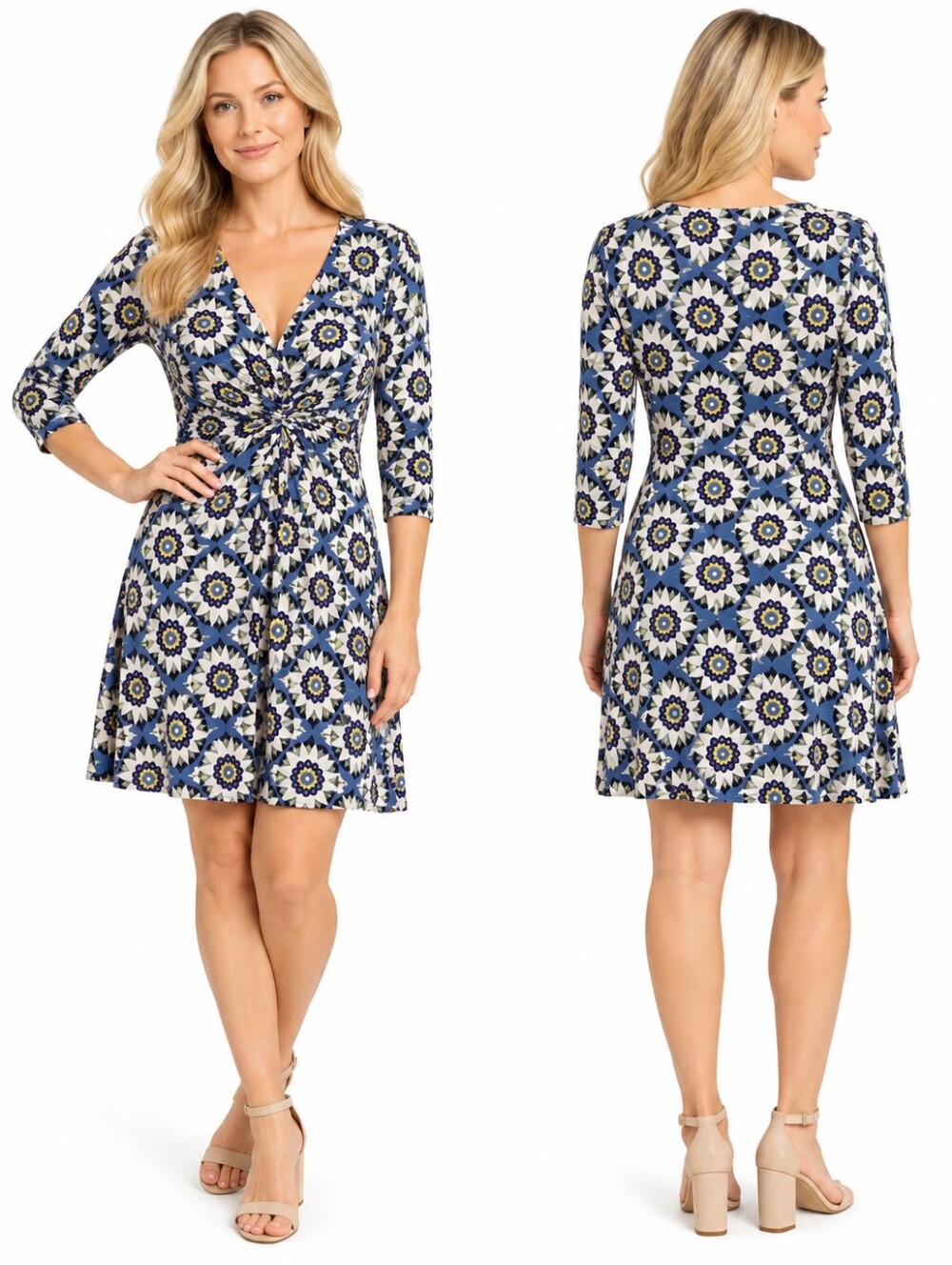 Boden Anna Beautiful Day Geometric Jersey Dress Women's Blue Yellow Chic Size 6R